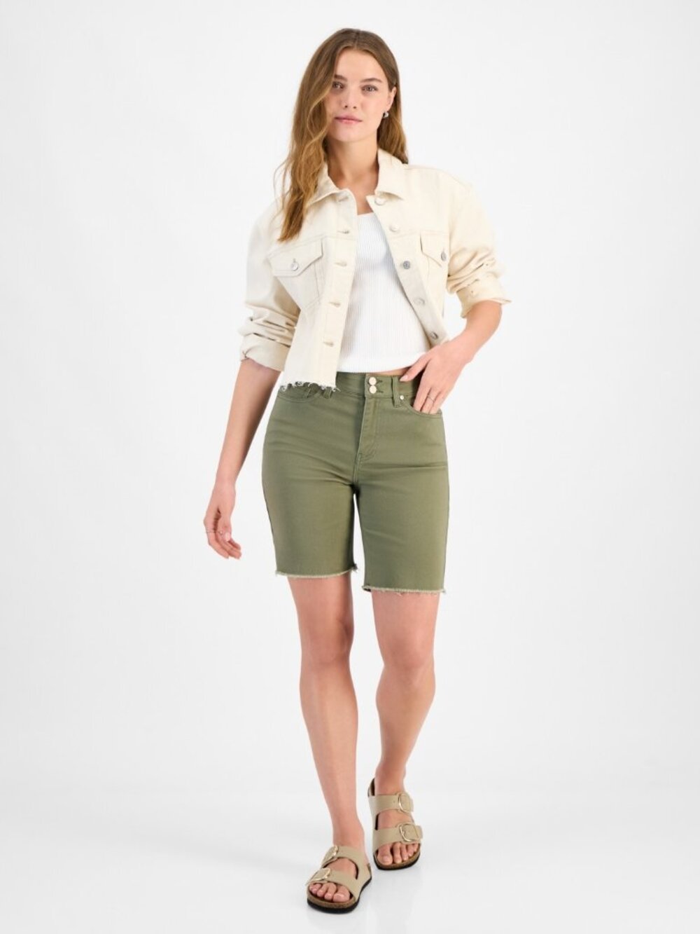Dollhouse Juniors' Size 1 High-Rise Frayed Bermuda Shorts - Green 60% off Retail